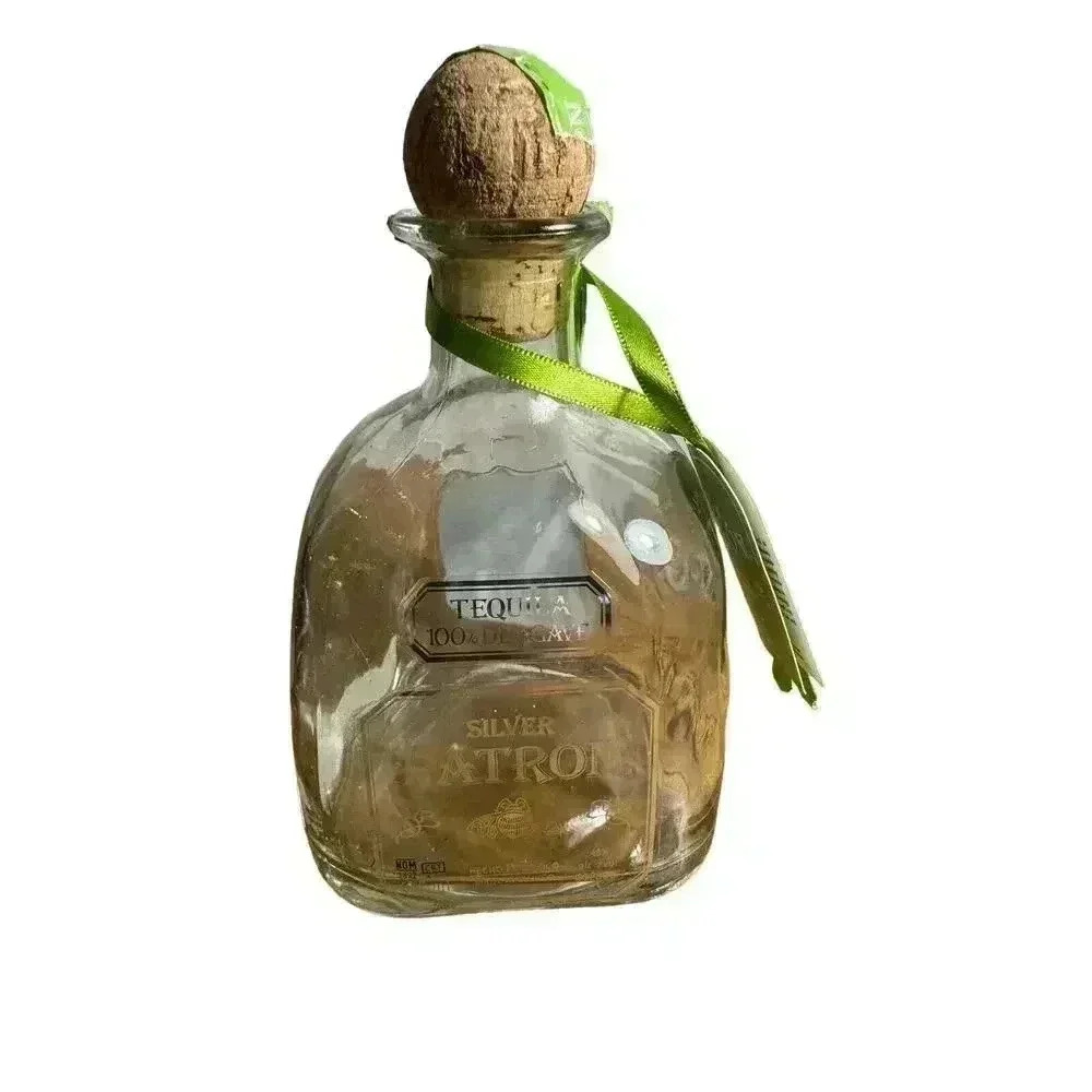 SILVER PATRON Tequila Bottle EMPTY 375 ml with Cork 100%‎ De Agave Mexico Crafts